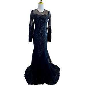 NWT Hebeos Black Lace & Sequin Mermaid Evening Gown Women S Sheer Long Sleeve